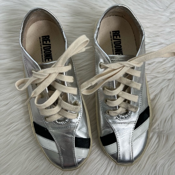 Re/Done 70s Low Top Striped Sneaker Metallic Silver Women’s 7 - Picture 2 of 11
